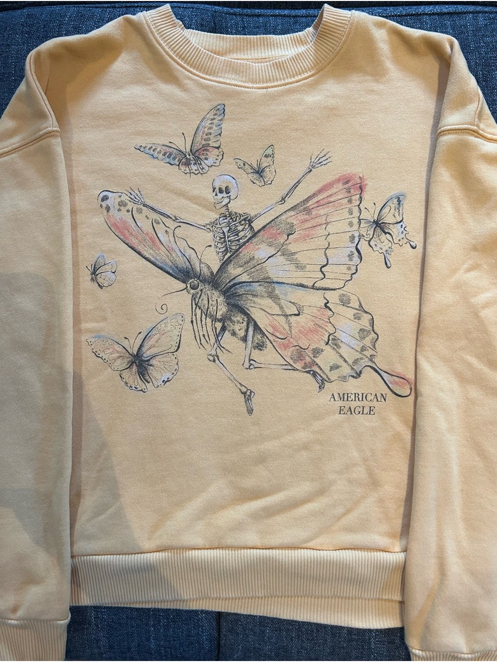 American Eagle Cream Butterfly Skeleton Graphic Crewneck Sweatshirt